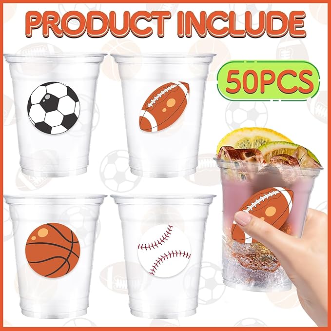 50Pcs Sports Party Decoration Cups 12Oz Plastic Disposable Cups