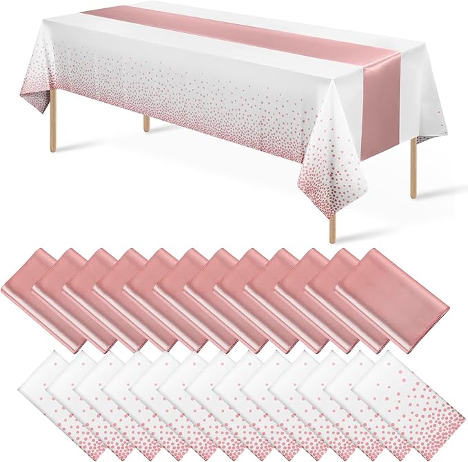 MASHAN 24 Pack White and Rose Gold Tablecloth Set - Rectangular PEVA