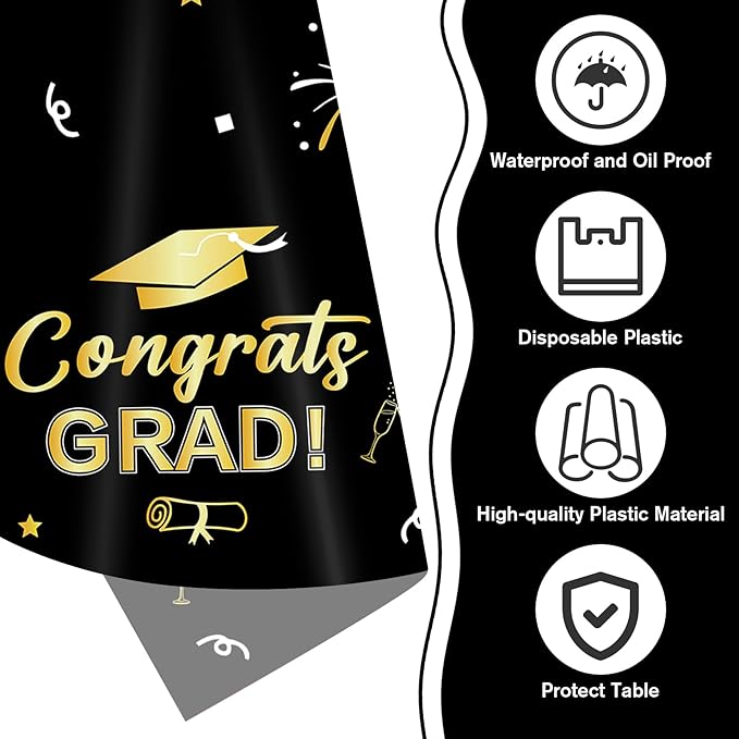 Slergut Graduation Tablecloth 3 Pack, Black and Gold Graduation