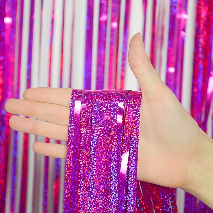 Melsan Hot Pink Tinsel Foil Fringe Curtains, Rose Red Sparkle Photo