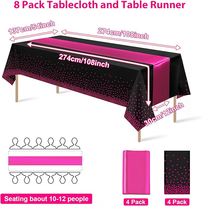 8Pack Disposable Plastic Party Tablecloths and Satin Table Runner Set