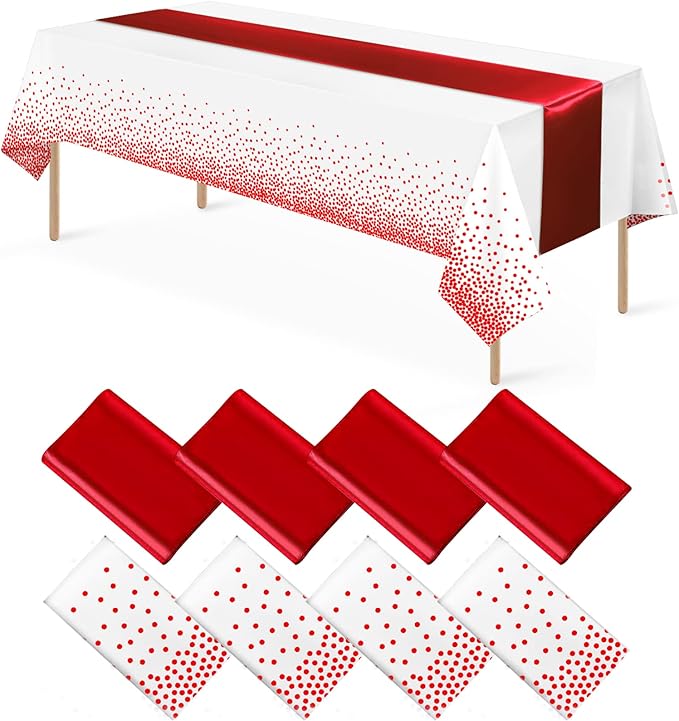 8Pack Disposable Plastic Tablecloths and Satin Table Runner Set White