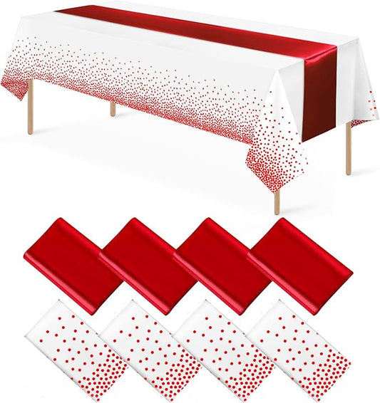 8Pack Disposable Plastic Tablecloths and Satin Table Runner Set White