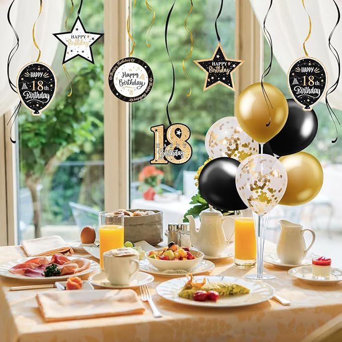 Happy 18th Birthday Black & Gold Balloon Set,18th Birthday Swirls