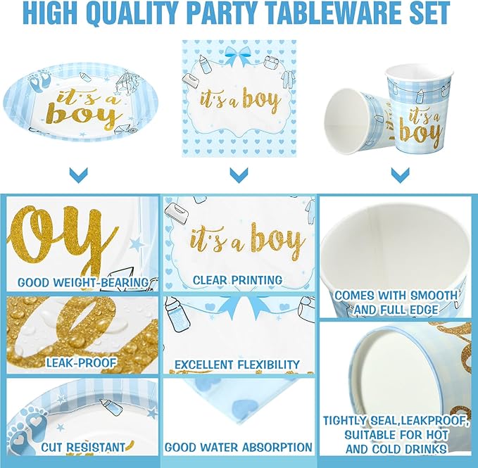200 Pcs Blue Baby Shower Paper Plates Napkins Cups Boy Baby Shower