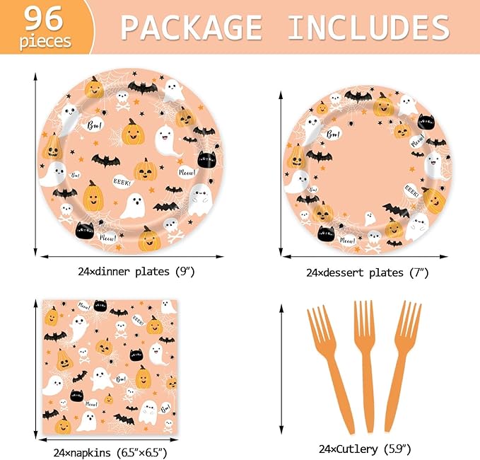 96 Pcs Halloween Plates and Napkins Ghost Spooktacular Halloween