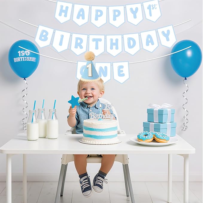 First Birthday Decorations for Boy Blue One Birthday Hat and Pre