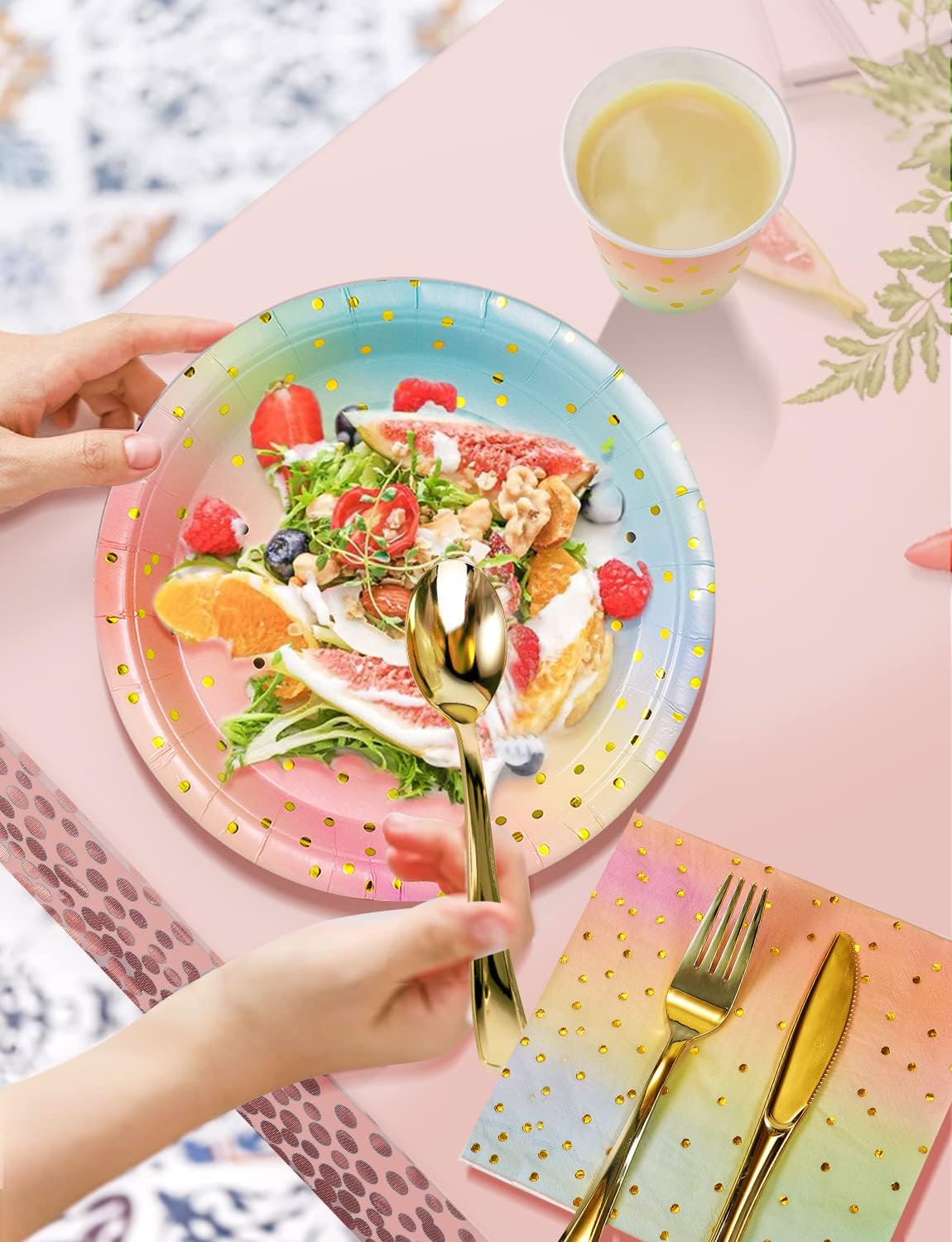 Nkaiso 141 Pieces Rainbow Gold Party Supplies, Party Dinnerware Sets