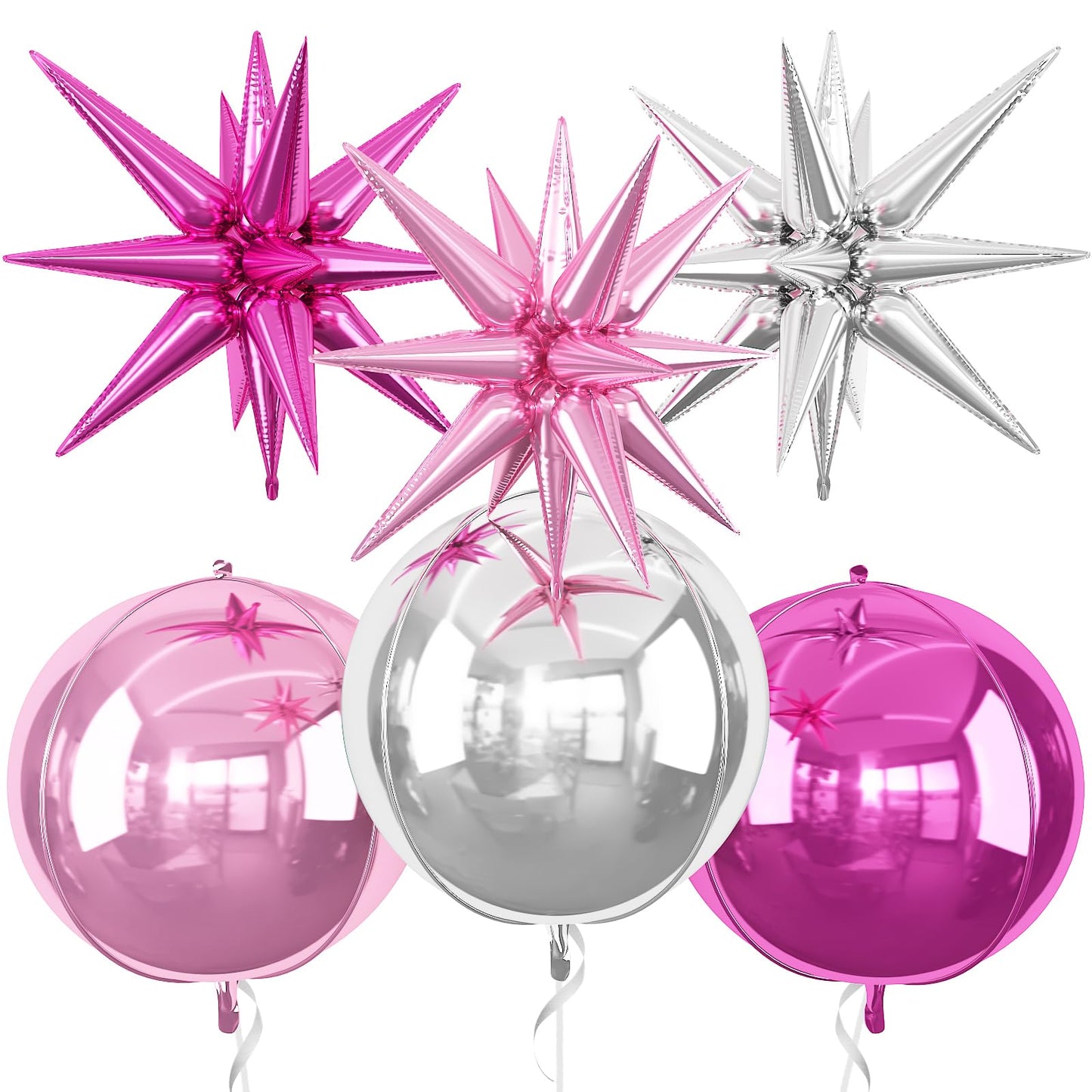 6Pcs Pink Silver Foil Balloons,22Inch Hot Pink Silver 4D Round Ball