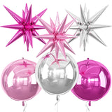 6Pcs Pink Silver Foil Balloons,22Inch Hot Pink Silver 4D Round Ball