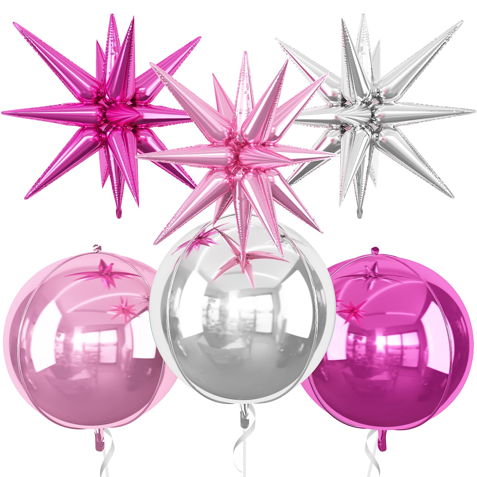 6Pcs Pink Silver Foil Balloons,22Inch Hot Pink Silver 4D Round Ball