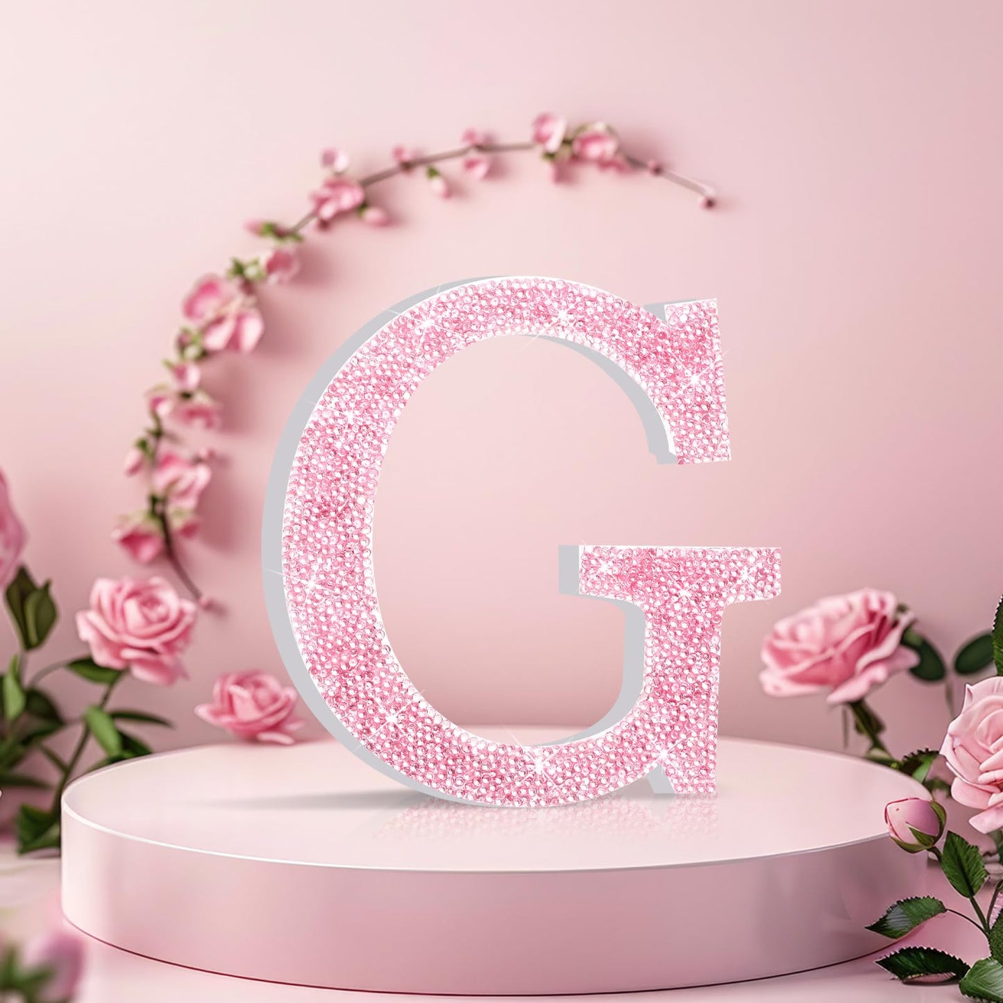 Qunclay Pink Crystal Diamond Letter Wall Decor, Glitter Wooden Bling
