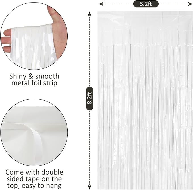 PIGETALE 2 Pack 3.2 ft x 8.2 ft White Tinsel Curtain Party Backdrop