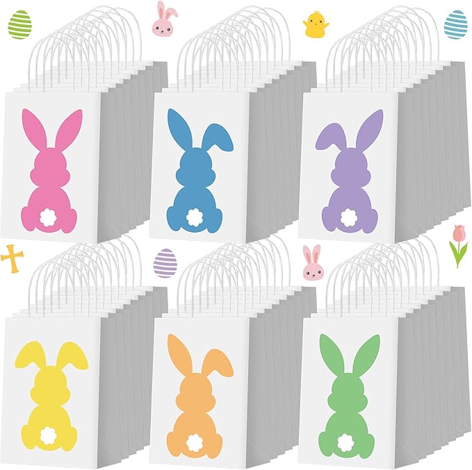48 Pcs Easter Bunny Bags Bulk for Gifts Goodies with Handles Paper