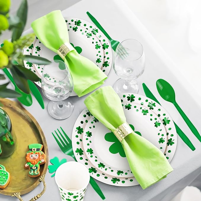 168Pcs St Patrick's Day Tableware Set Foil Green Shamrock Disposable
