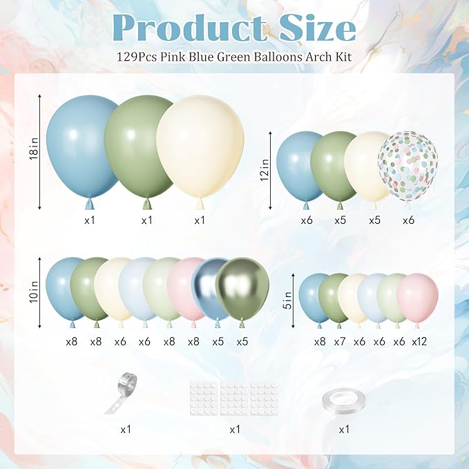 Ouddy Party Pink Dusty Blue Green Balloons Garland Arch Kit,