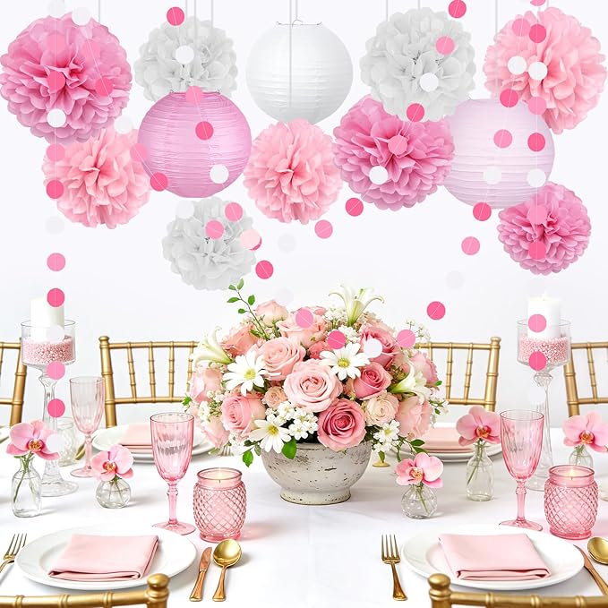 14 Pcs Pink Party Decorations Kit - Tissue Pom Poms, Lanterns & Polka