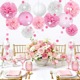 14 Pcs Pink Party Decorations Kit - Tissue Pom Poms, Lanterns & Polka