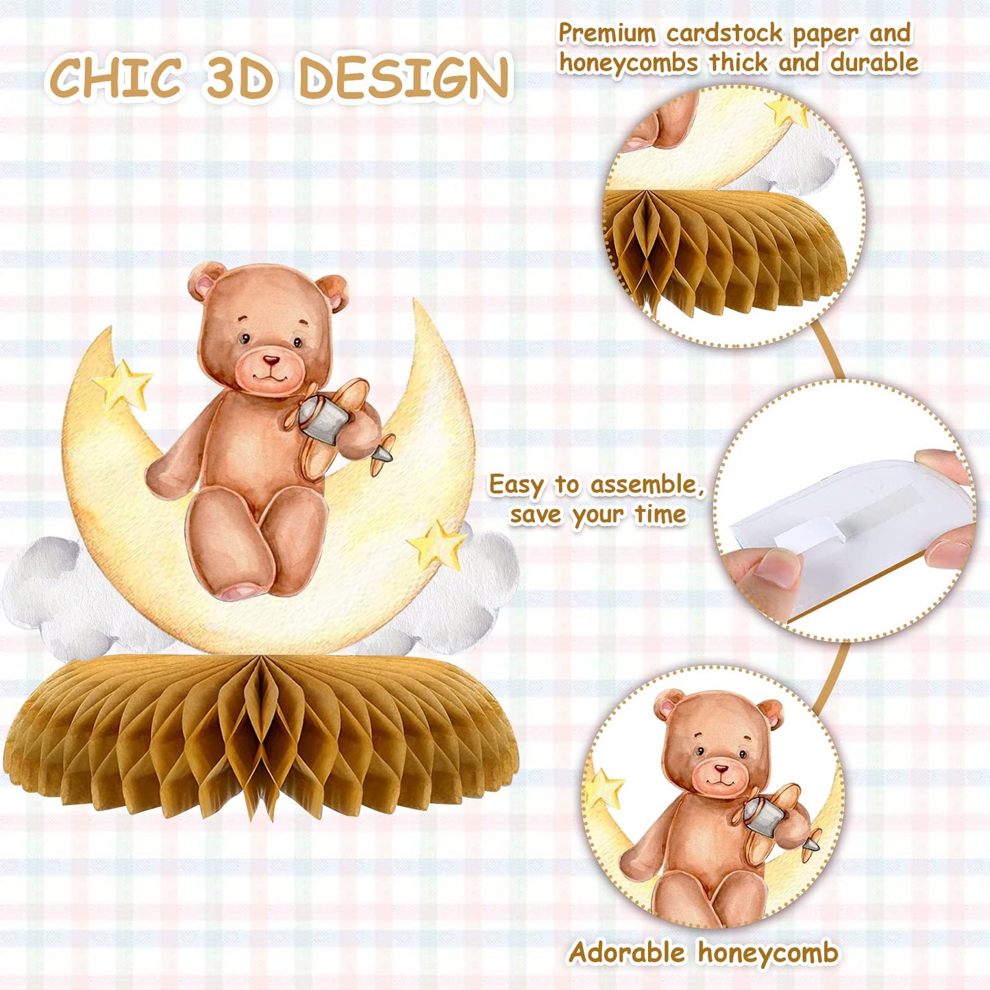 9 Pcs Bear Baby Shower Honeycomb Centerpieces Little Bear Teddy Paper
