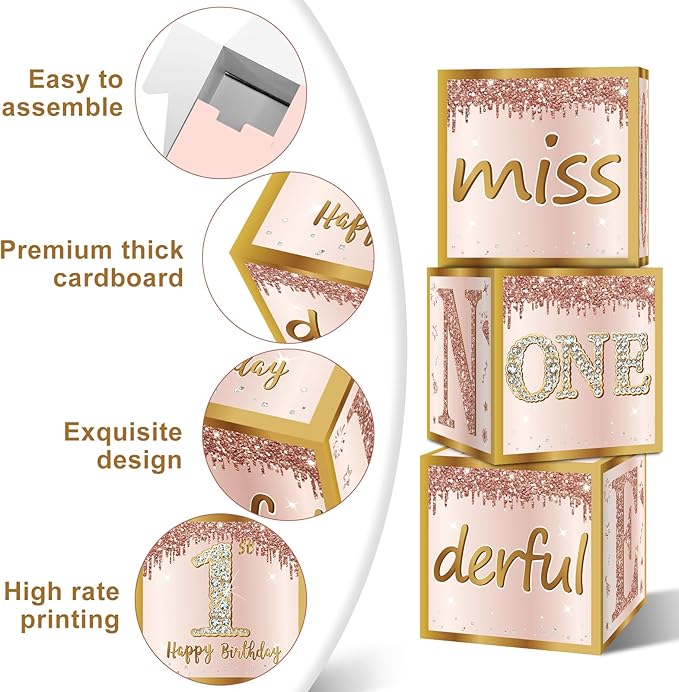 3Pcs 1st Birthday Boxes Decorations for Girls Pink Rose Gold Miss