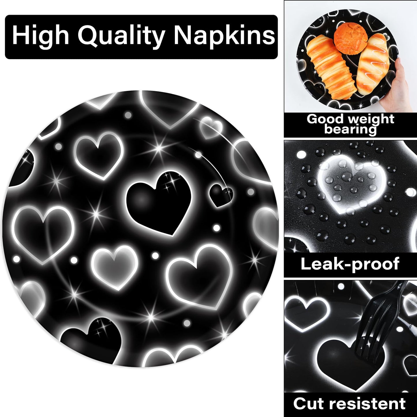 Qyeahkj 100 Pcs 2000s Party Plates Napkins Forks Set Black Heart