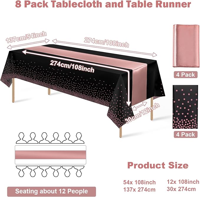 8Pack Disposable Plastic Tablecloths and Satin Table Runner Set Black