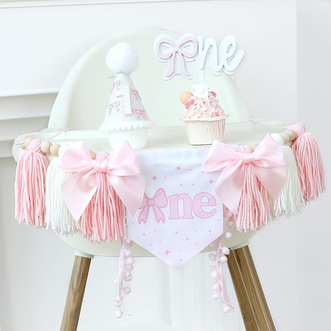 Pink Bow 1st Birthday Highchair Banner Decorations Wood Bead Tassel