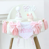 Pink Bow 1st Birthday Highchair Banner Decorations Wood Bead Tassel