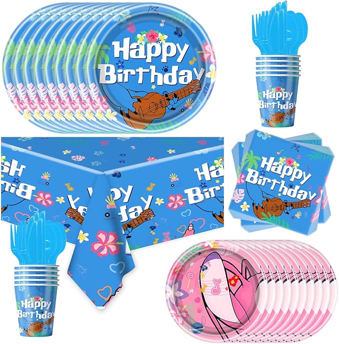 81Pcs Tropical Hawaiian Party Cutlery Set Blue and Pink Party Plates