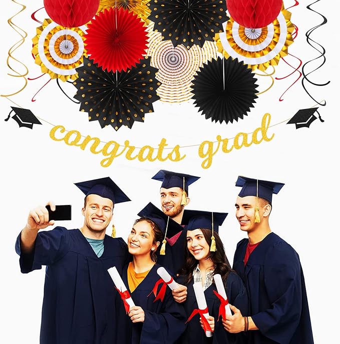 Red-Black Gold Party-Decorations Graduation Banner-Streamers - 18pcs