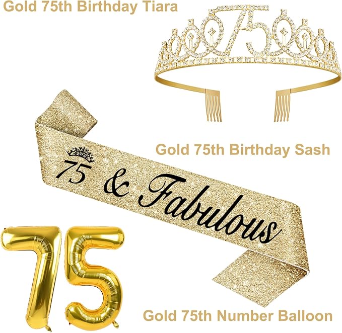 75th Birthday Decorations Women's Sash & Tiara Cake Toppers Number