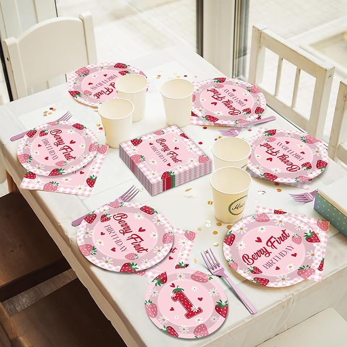 96 Pcs Strawberry 1st Birthday Party Plates Strawberry 1th Theme