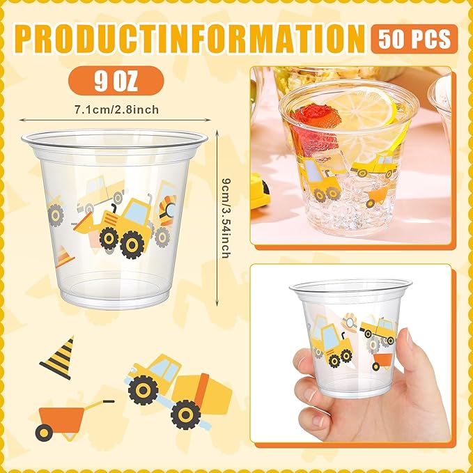 50 Pcs Construction Theme Birthday Party Supplies 9oz Construction