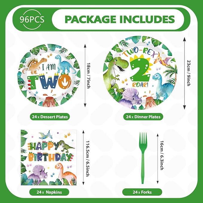 96Pcs Dinosaur 2nd Birthday Party Supplies Two Rex Dinosaur Plates