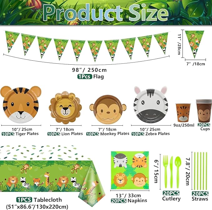 162Pcs Jungle Party Supplies Include Animal Shape Plates Jungle