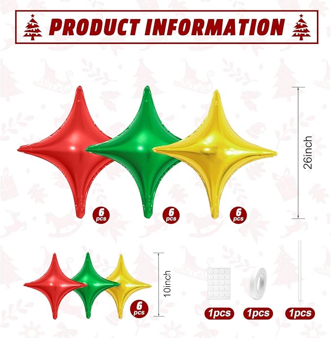 Red Green Gold Christmas Balloons,12Pcs Four Angle Star Foil