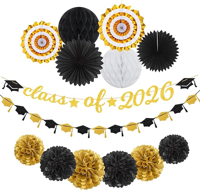 Black Gold Party-Decoration Graduation Banner - 14pcs Kits Cap