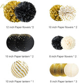 Black Gold Party Decorations 12PCS Paper Lantern Tissue Pom Poms