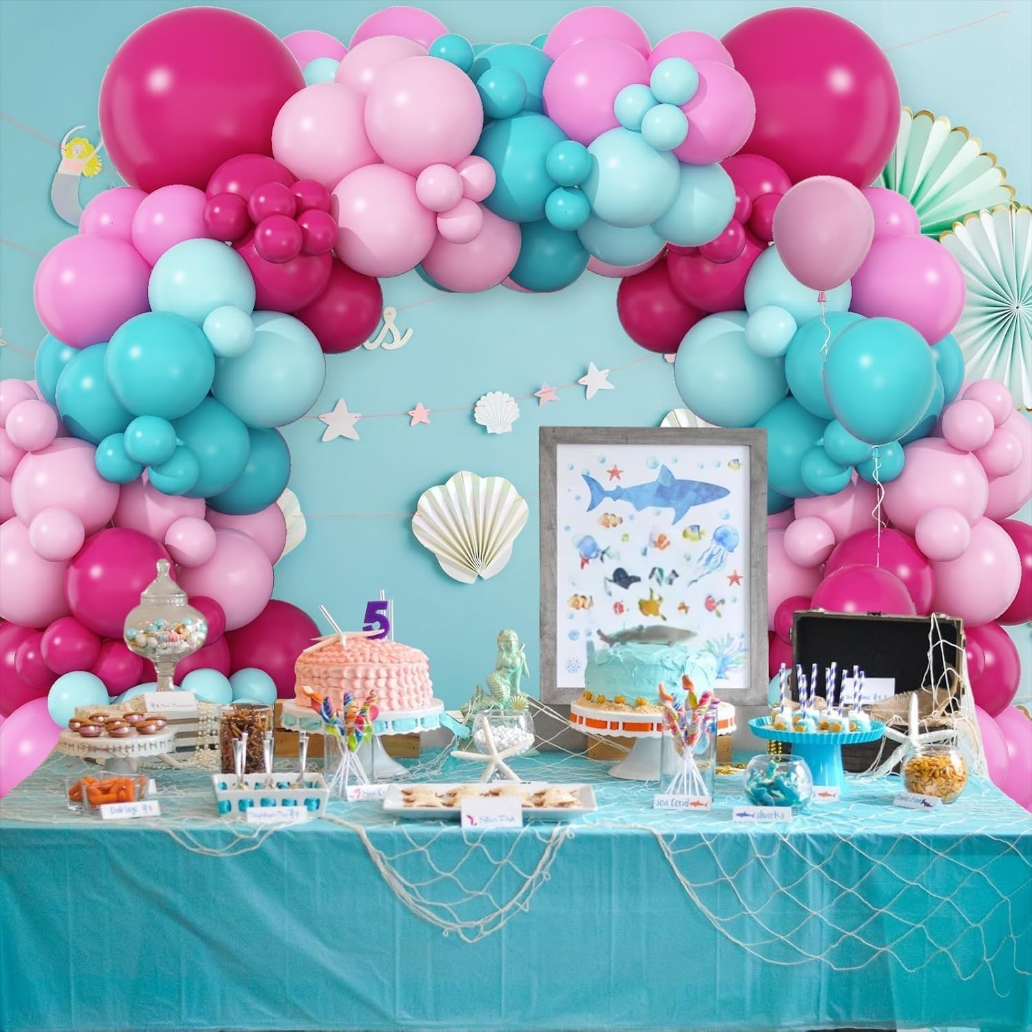 Hot Pink and Teal Blue Balloon Arch Garland Kit, Rose Red Teal Blue