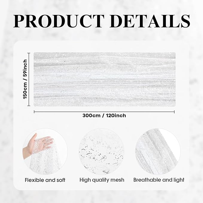 Artoid Mode White Silver Gauze Table Runner 59x120 Inch 10FT, Glitter