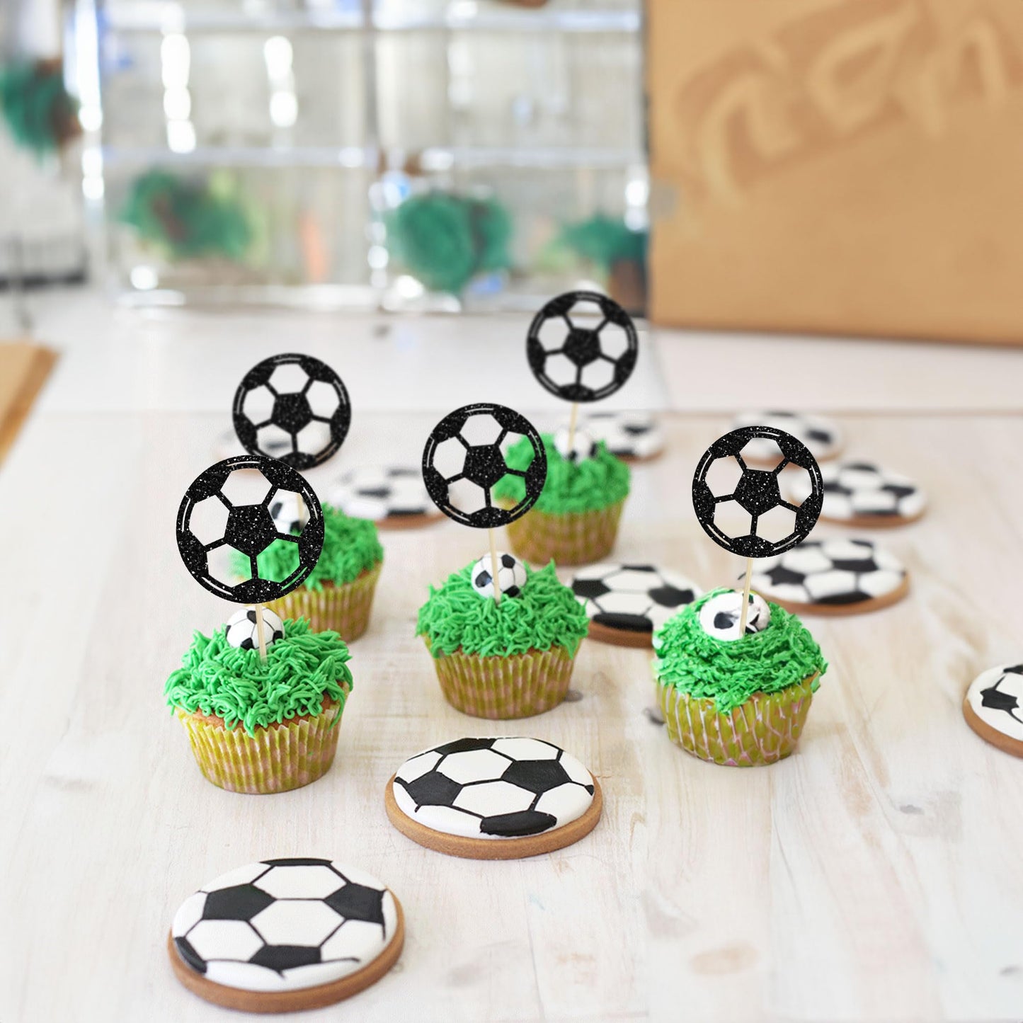 24Pcs Soccer Ball Cupcake Toppers Black Glitter Sports Theme Football