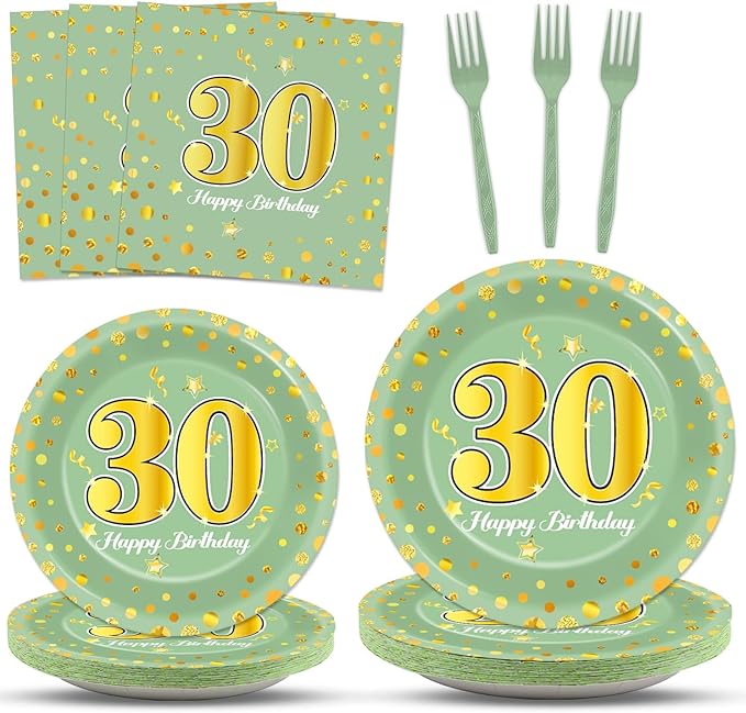 96Pcs Green Gold 30th Birthday Party Plates and Napkins for Women