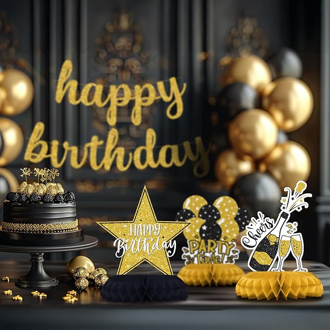 Black and Gold Birthday Decorations – 12Pcs Honeycomb Table