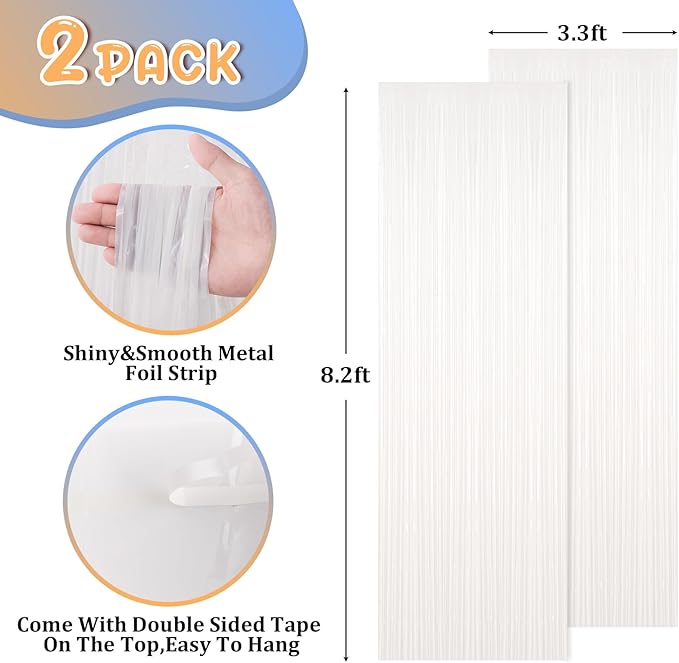 Voircoloria 2 Pack White Foil Fringe Backdrop Curtains, Tinsel