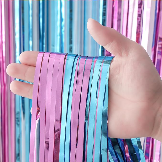 Voircoloria 2 Pack 3.3x8.2 Feet Blue and Pink Foil Fringe Backdrop