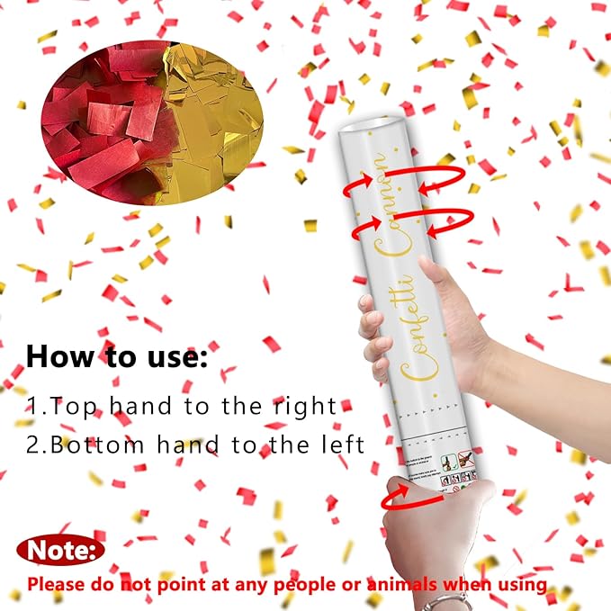 12" Red & Gold Confetti Cannons - Party Poppers for Birthday