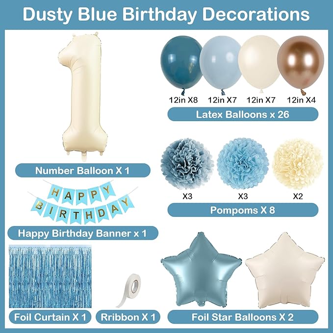 Dusty Blue 1st Birthday Decorations Beige Cream Number 1 Balloon