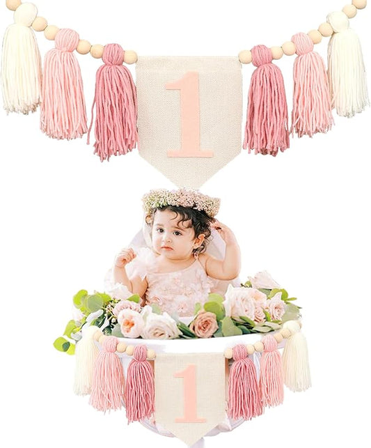 Boho Pink Handmade 1st Birthday High Chair Banner First Highchair