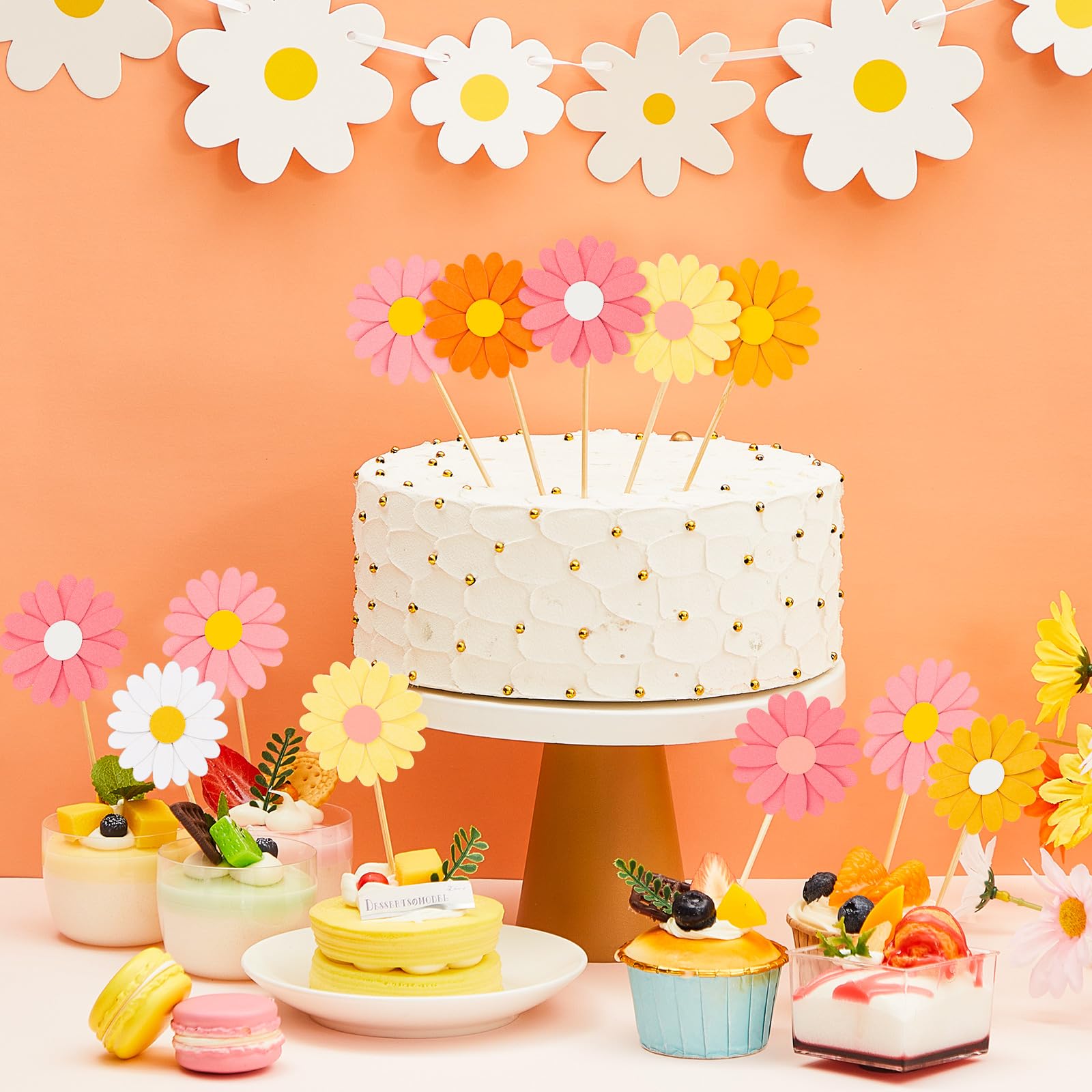 Henoyso 48 Pcs Daisy Cupcake Toppers Groovy Spring Flower Cake Topper