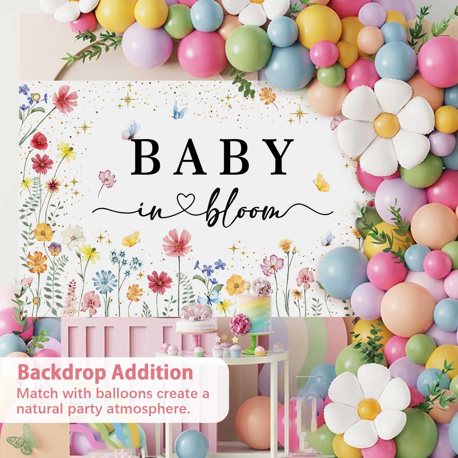 Wildflower Baby in Bloom Backdrop Banner Baby Shower Decorations for